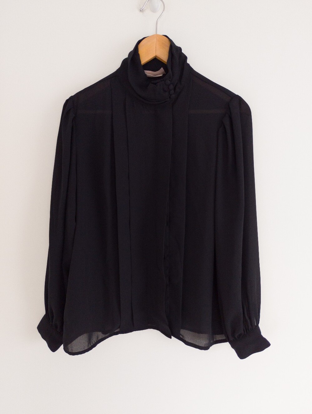 Vintage 80s Sears High Neck Sheer Black Blouse Fabric Buttons Size 14